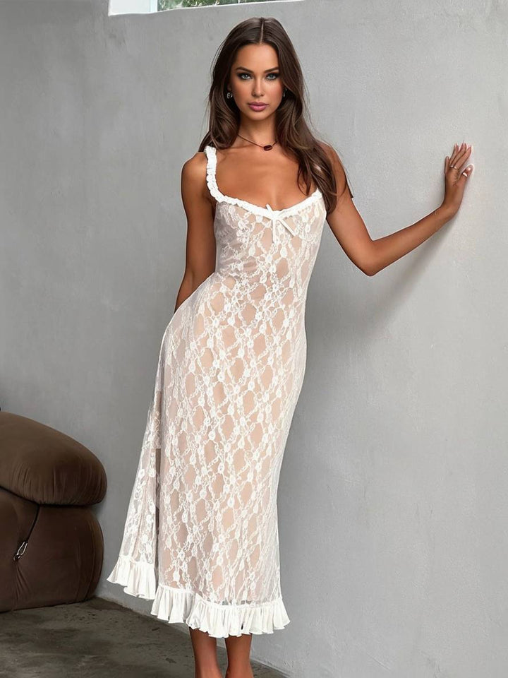 Levoire | Robe Longue En Dentelle Cintrée Trompette Avec Volant Fines Bretelles Décolleté Carré Sans Manches Élégante Robe De Soirée Vintage Beige