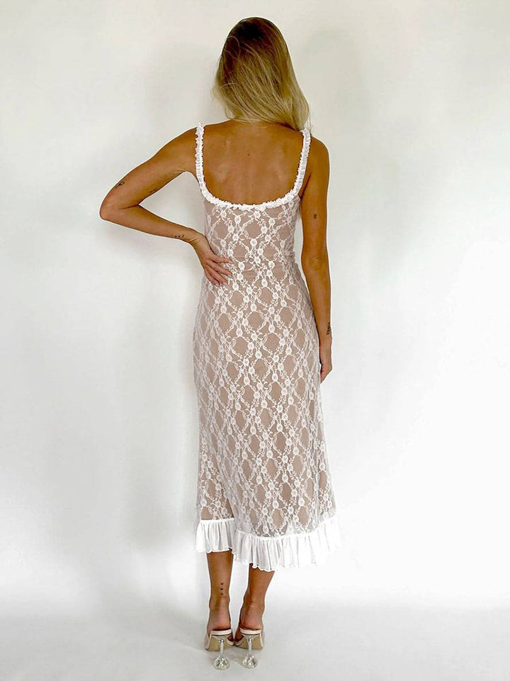 Levoire | Robe Longue En Dentelle Cintrée Trompette Avec Volant Fines Bretelles Décolleté Carré Sans Manches Élégante Robe De Soirée Vintage