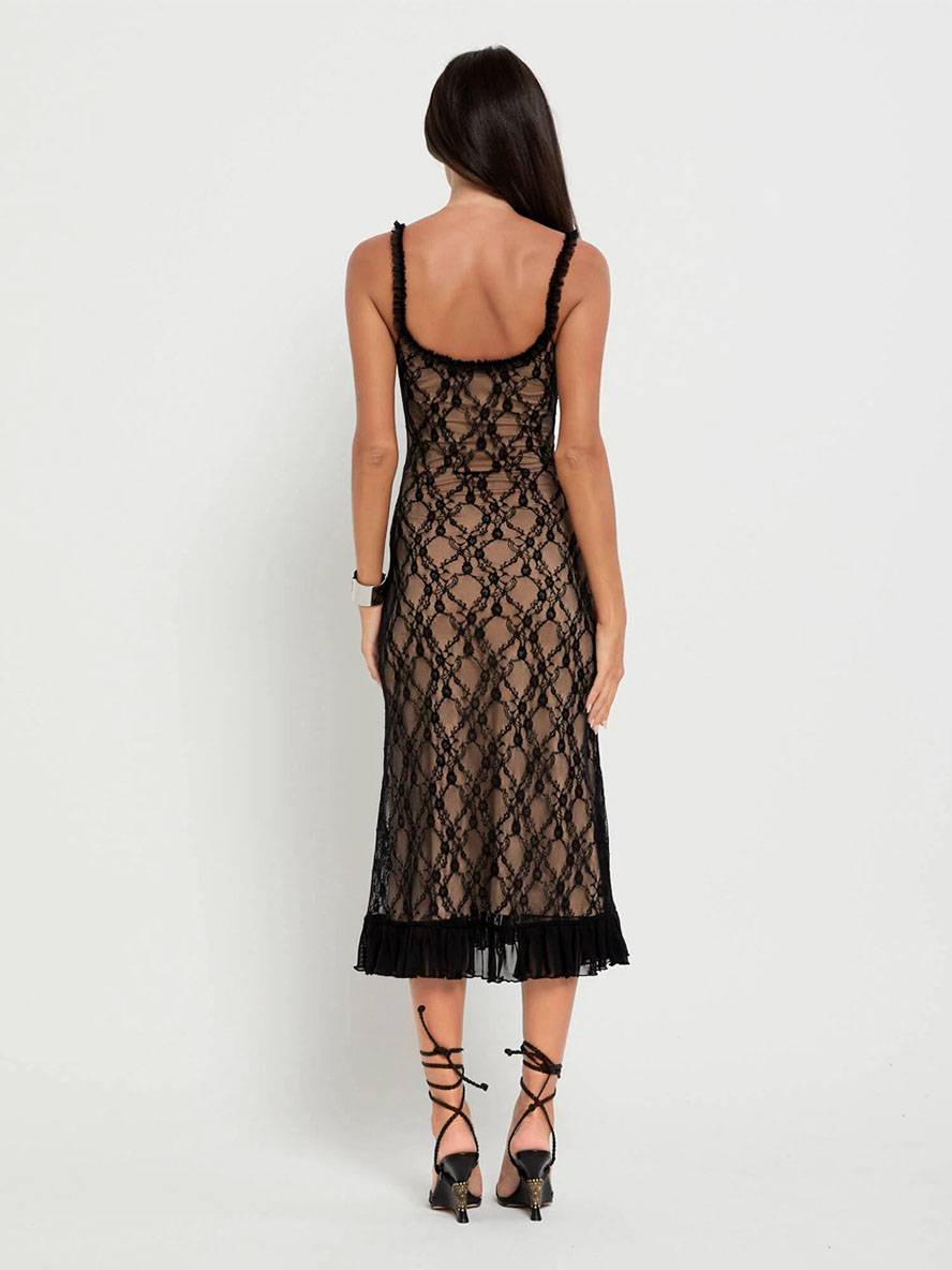 Levoire | Robe Longue En Dentelle Cintrée Trompette Avec Volant Fines Bretelles Décolleté Carré Sans Manches Élégante Robe De Soirée Vintage