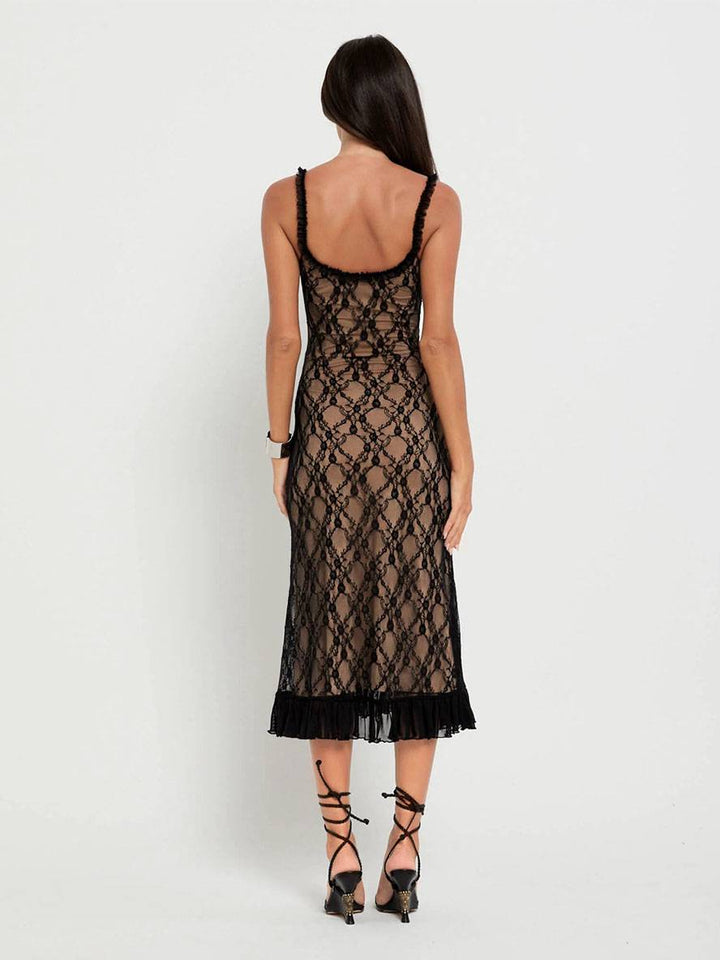Levoire | Robe Longue En Dentelle Cintrée Trompette Avec Volant Fines Bretelles Décolleté Carré Sans Manches Élégante Robe De Soirée Vintage