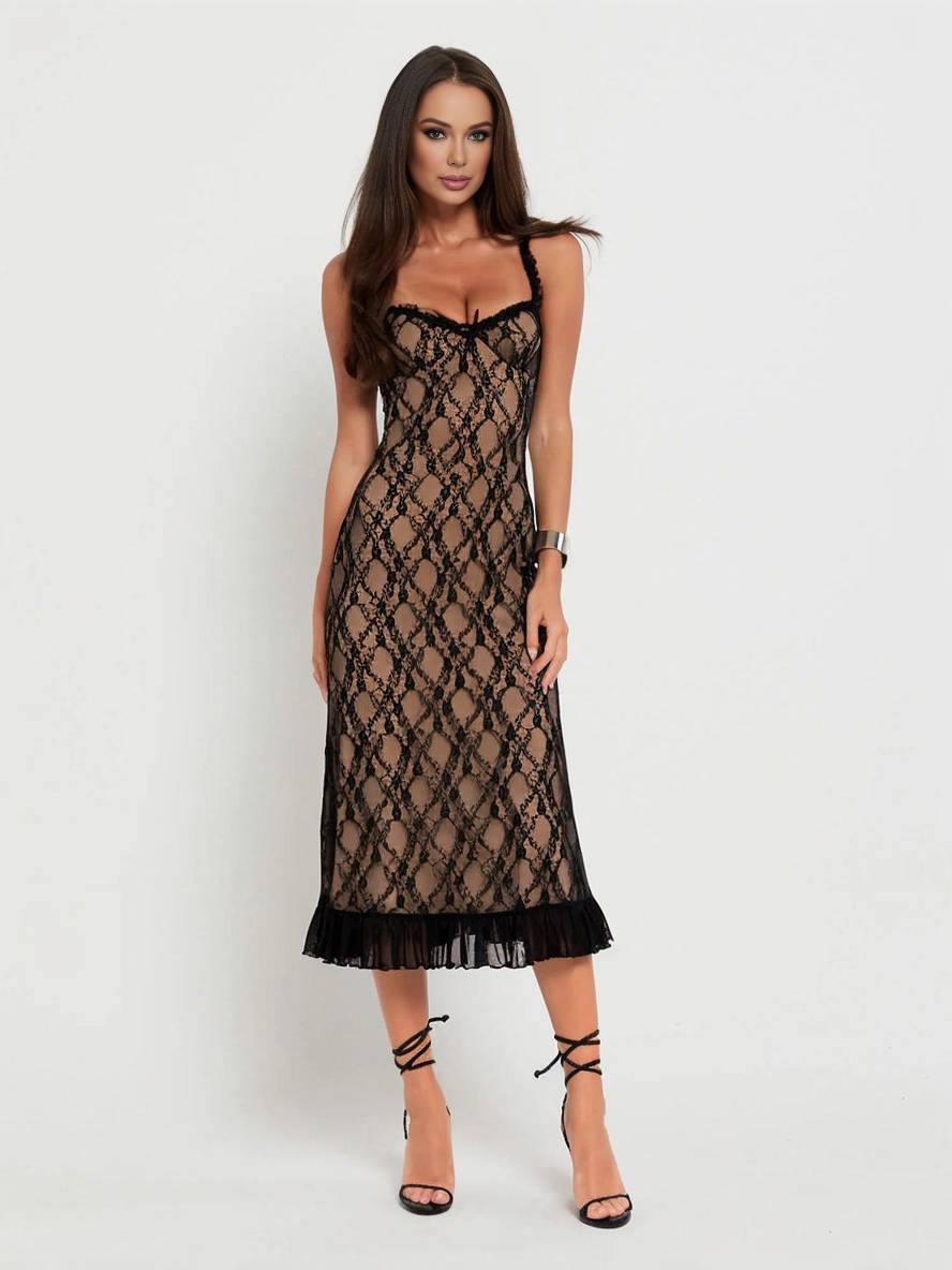 Levoire | Robe Longue En Dentelle Cintrée Trompette Avec Volant Fines Bretelles Décolleté Carré Sans Manches Élégante Robe De Soirée Vintage