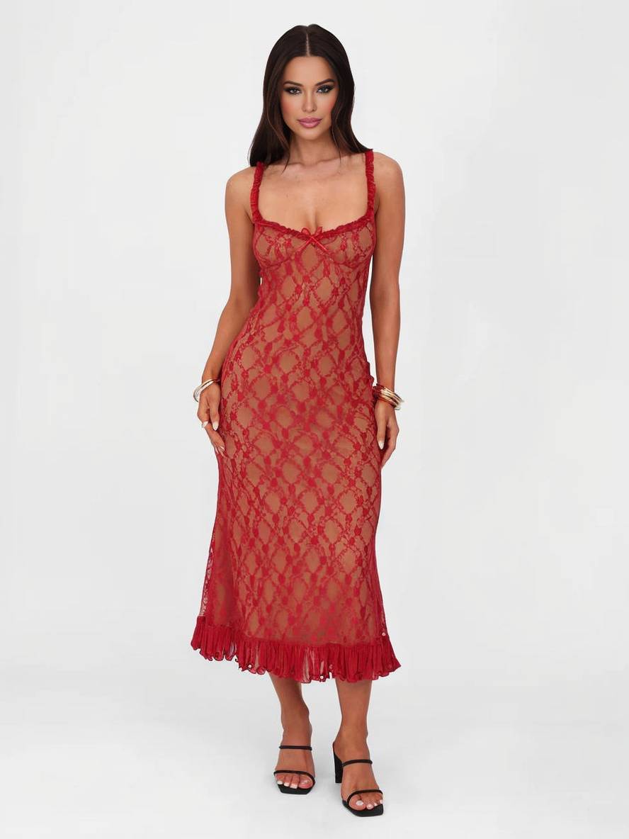 Levoire | Robe Longue En Dentelle Cintrée Trompette Avec Volant Fines Bretelles Décolleté Carré Sans Manches Élégante Robe De Soirée Vintage Rot