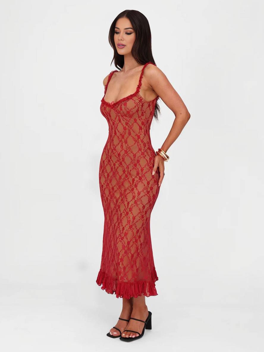 Levoire | Robe Longue En Dentelle Cintrée Trompette Avec Volant Fines Bretelles Décolleté Carré Sans Manches Élégante Robe De Soirée Vintage