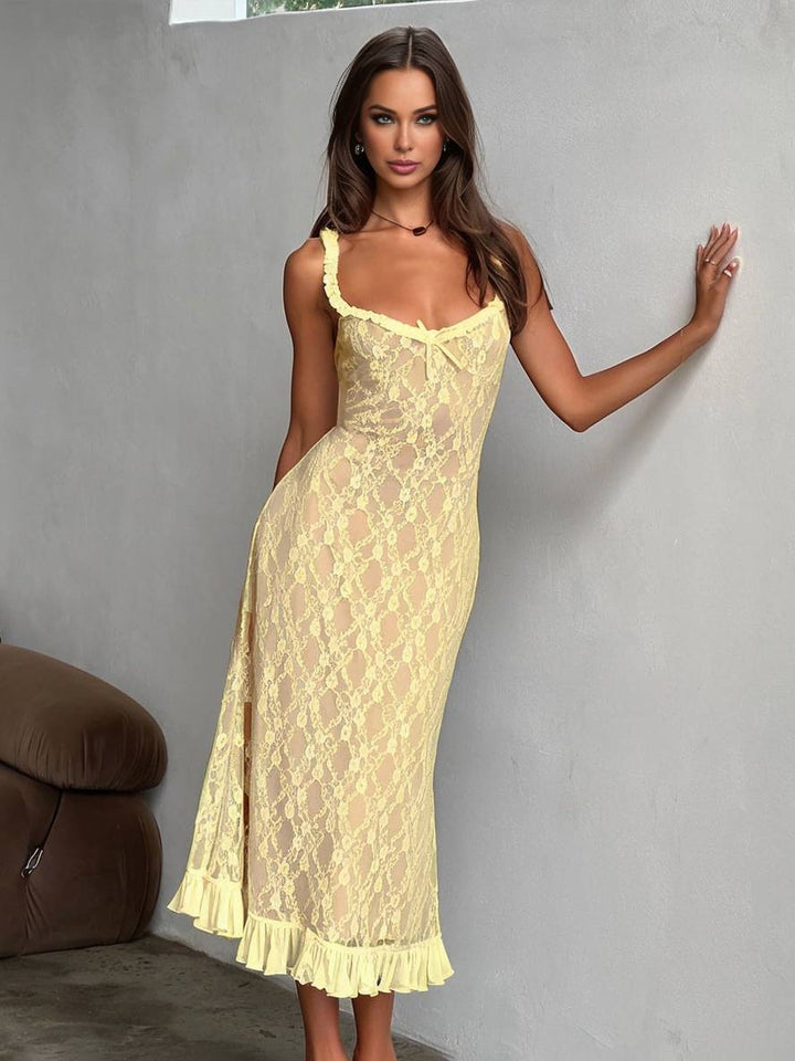 Levoire | Robe Longue En Dentelle Cintrée Trompette Avec Volant Fines Bretelles Décolleté Carré Sans Manches Élégante Robe De Soirée Vintage Jaune