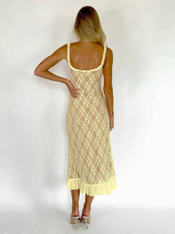 Levoire | Robe Longue En Dentelle Cintrée Trompette Avec Volant Fines Bretelles Décolleté Carré Sans Manches Élégante Robe De Soirée Vintage