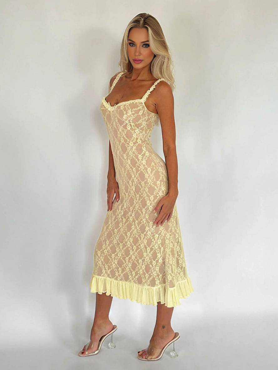 Levoire | Robe Longue En Dentelle Cintrée Trompette Avec Volant Fines Bretelles Décolleté Carré Sans Manches Élégante Robe De Soirée Vintage
