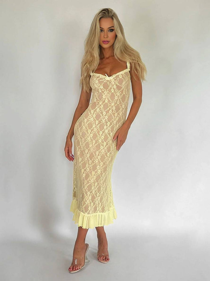 Levoire | Robe Longue En Dentelle Cintrée Trompette Avec Volant Fines Bretelles Décolleté Carré Sans Manches Élégante Robe De Soirée Vintage