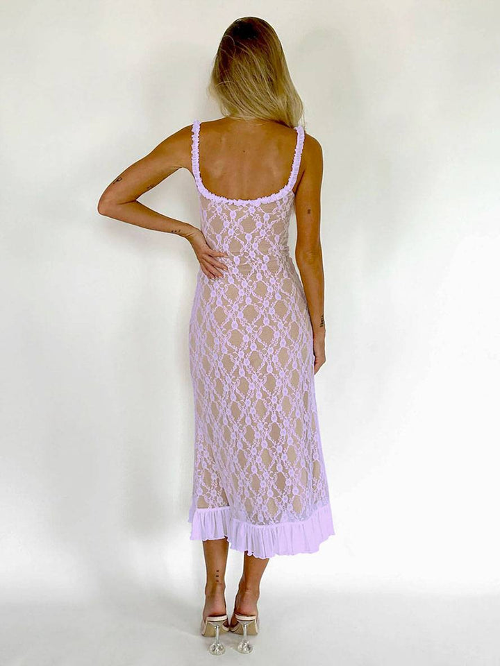 Levoire | Robe Longue En Dentelle Cintrée Trompette Avec Volant Fines Bretelles Décolleté Carré Sans Manches Élégante Robe De Soirée Vintage