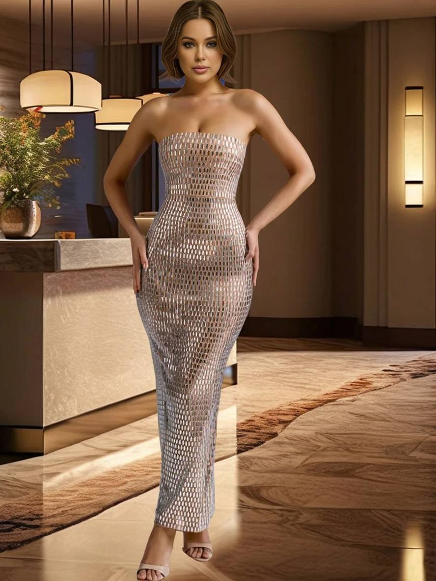 Levoire | Robe Longue À Bretelles Strass Fendue Sans Manches Pour Femmes Élégante Soirée Cocktail Bal
