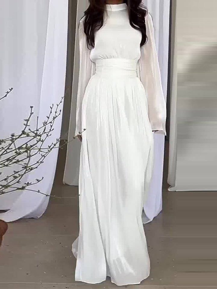 Levoire | Robe Longue Col Rond Manches Trompette Manches Longues Élégante Vintage Décontractée Bal De Fin D'Année Blanc