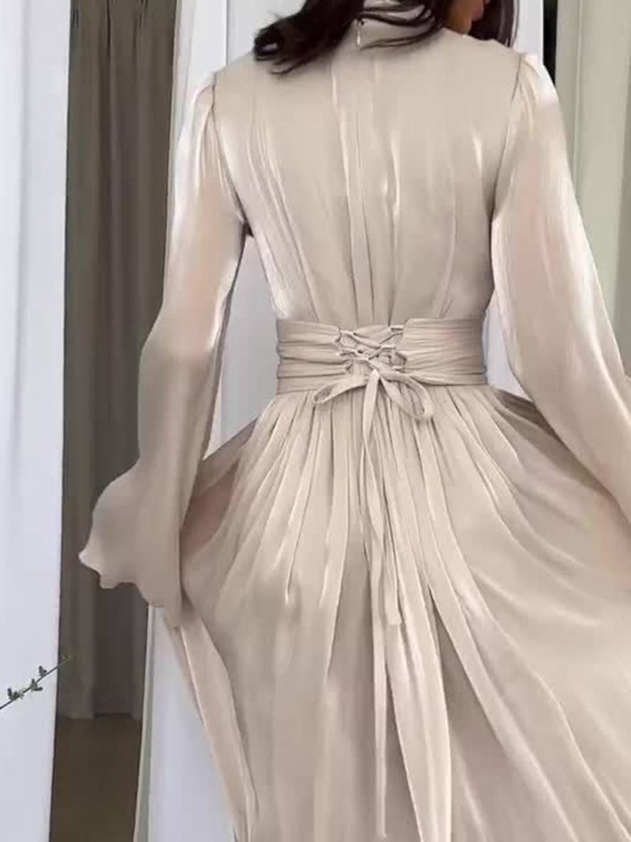 Levoire | Robe Longue Col Rond Manches Trompette Manches Longues Élégante Vintage Décontractée Bal De Fin D'Année