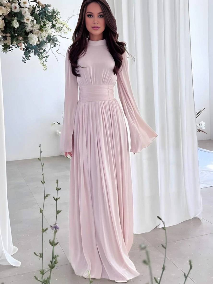 Levoire | Robe Longue Col Rond Manches Trompette Manches Longues Élégante Vintage Décontractée Bal De Fin D'Année Rosa