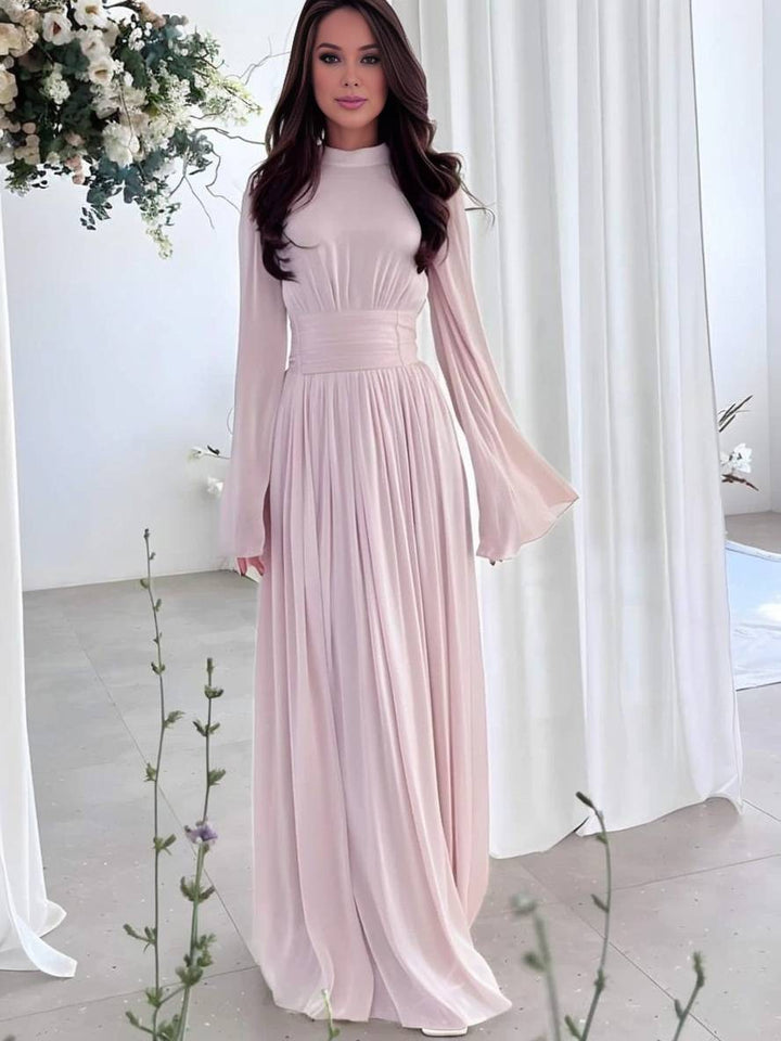 Levoire | Robe Longue Col Rond Manches Trompette Manches Longues Élégante Vintage Décontractée Bal De Fin D'Année Rosa