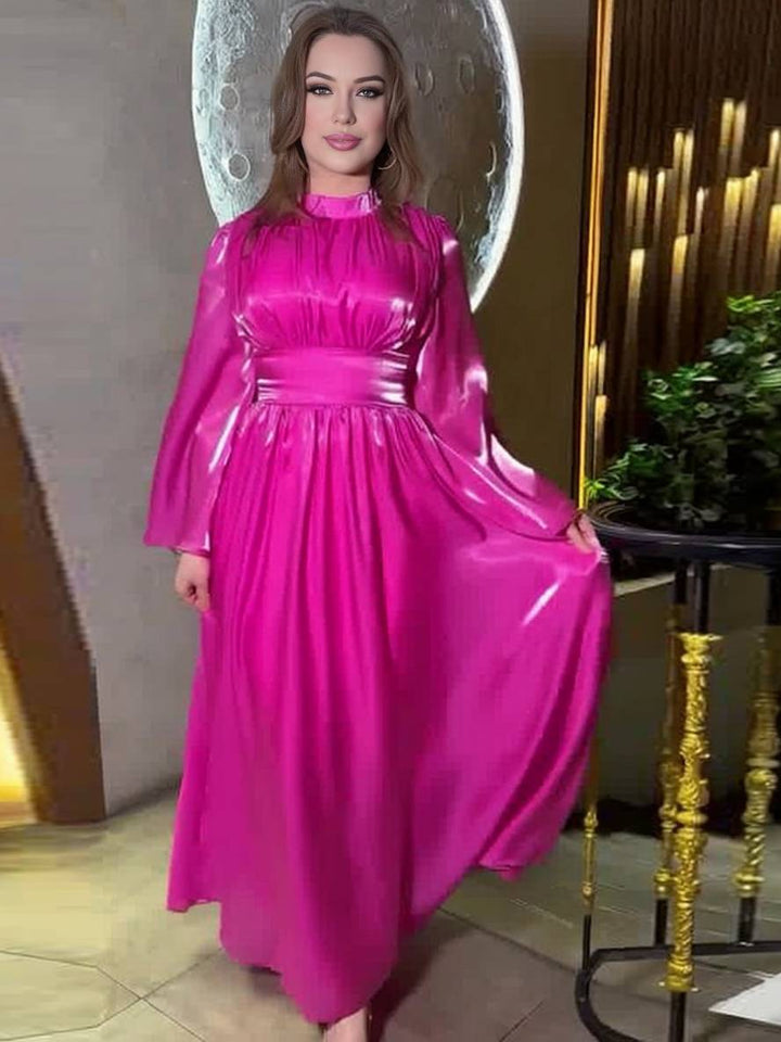 Levoire | Robe Longue Col Rond Manches Trompette Manches Longues Élégante Vintage Décontractée Bal De Fin D'Année Framboise