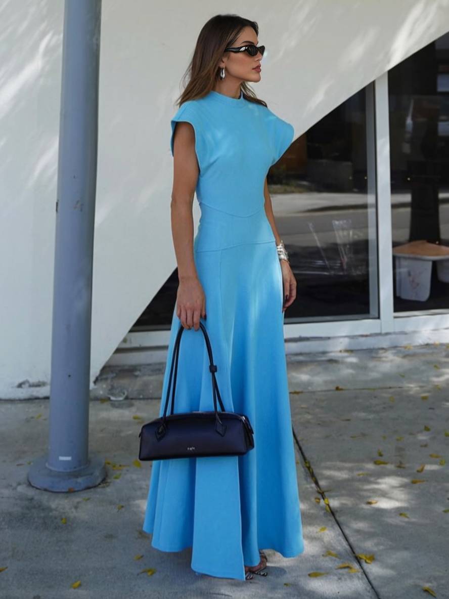 Levoire | Robe Longue En Col Rond Fendue Avec Poches Latérales Sans Manches Décontractée Élégante Pour Soirée De Mariage Bleu ciel