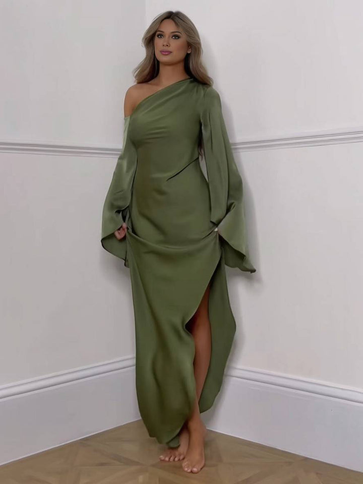 Levoire | Robe Longue À Épaule Unique Fendue En Soie À Manches Cloche Longues Pour Femmes, Robe De Bal Élégante Vert