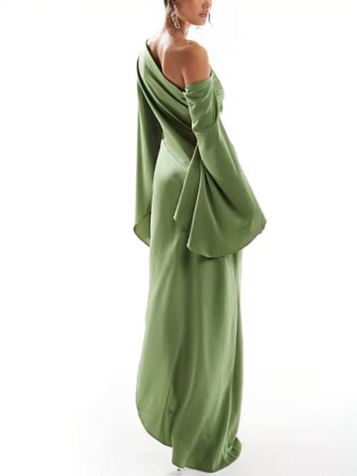 Levoire | Robe Longue À Épaule Unique Fendue En Soie À Manches Cloche Longues Pour Femmes, Robe De Bal Élégante