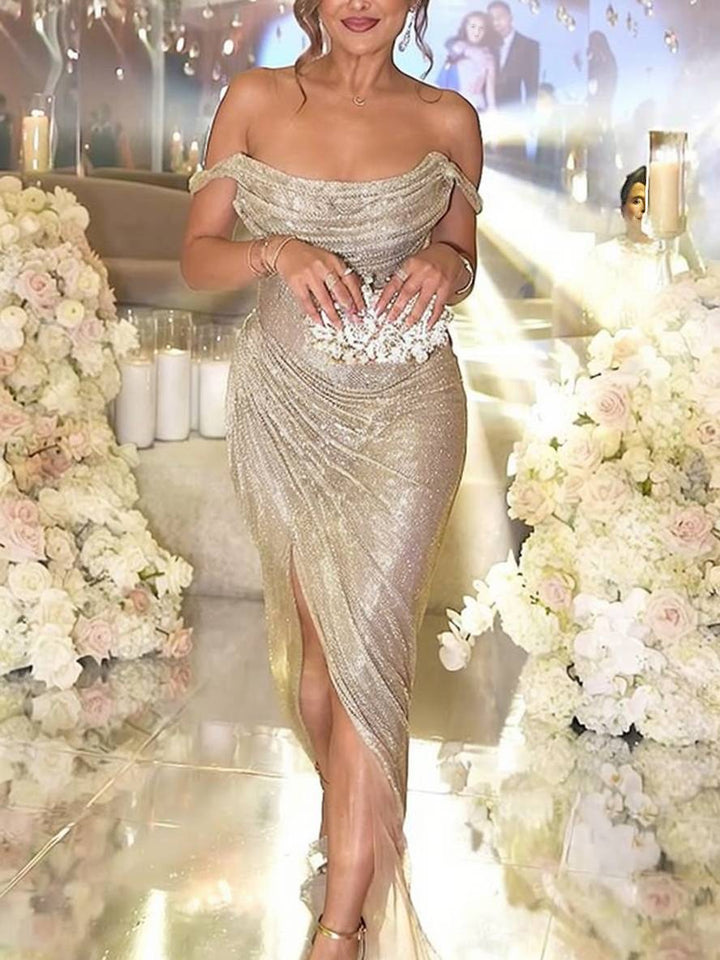 Levoire | Robe Longue Paillettes Brillantes Décolleté En Botte Fente Irrégulière Sur Le Côté Sans Manches Élégant Soirée Pour Mariage