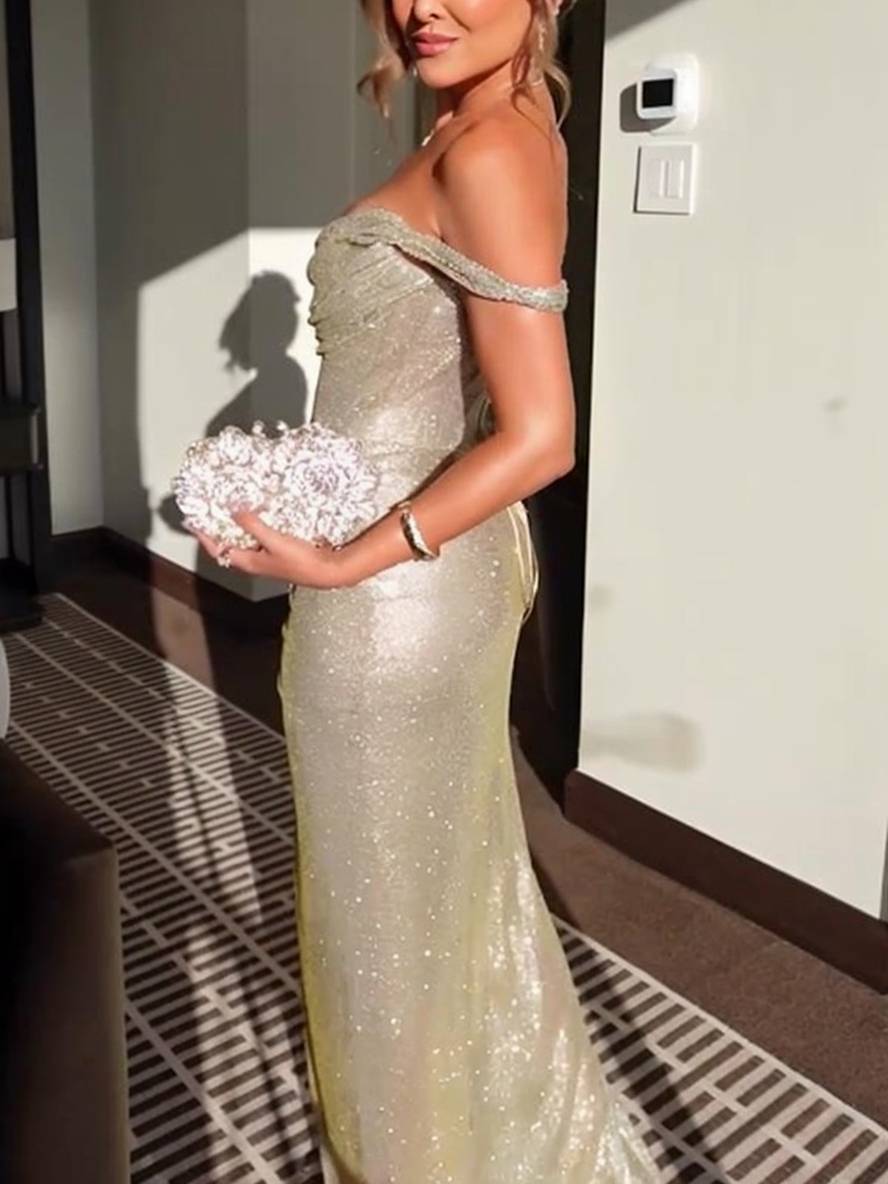 Levoire | Robe Longue Paillettes Brillantes Décolleté En Botte Fente Irrégulière Sur Le Côté Sans Manches Élégant Soirée Pour Mariage