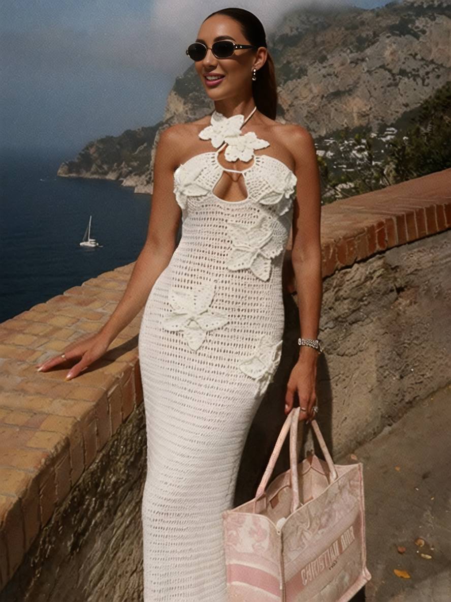 Levoire | Robe Longue Applications Dos Nu Décolletée Ajustée Sirène Collier Sans Manches Dames Élégante Plage Blanc