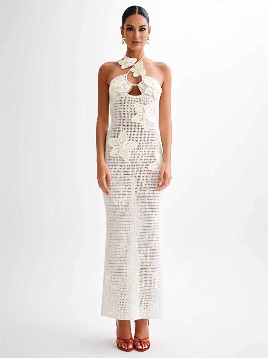 Levoire | Robe Longue Applications Dos Nu Décolletée Ajustée Sirène Collier Sans Manches Dames Élégante Plage