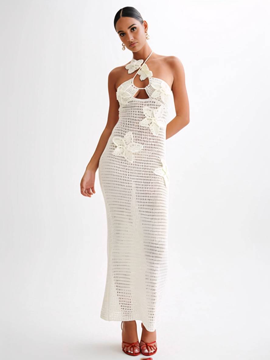 Levoire | Robe Longue Applications Dos Nu Décolletée Ajustée Sirène Collier Sans Manches Dames Élégante Plage