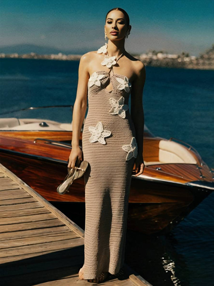 Levoire | Robe Longue Applications Dos Nu Décolletée Ajustée Sirène Collier Sans Manches Dames Élégante Plage Khaki