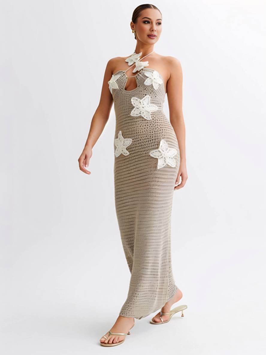Levoire | Robe Longue Applications Dos Nu Décolletée Ajustée Sirène Collier Sans Manches Dames Élégante Plage