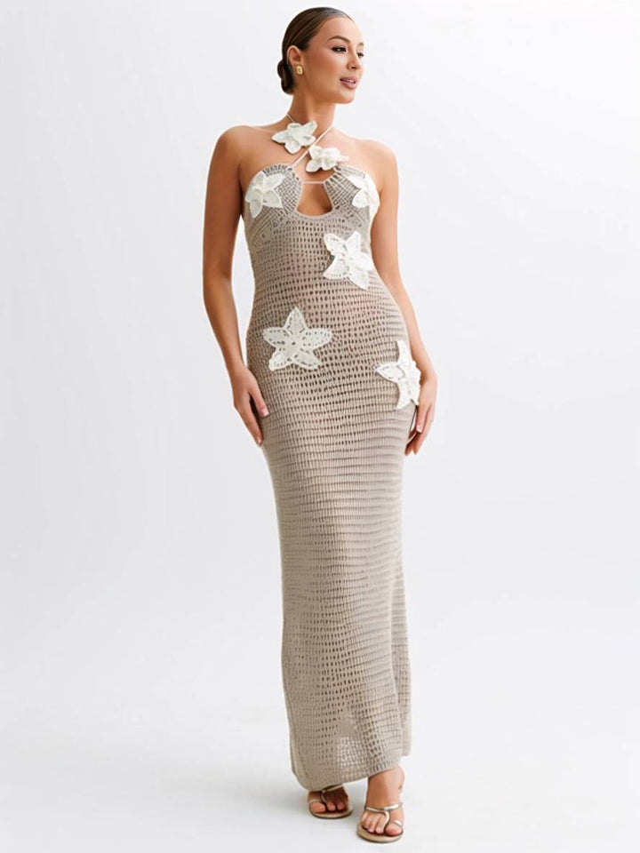 Levoire | Robe Longue Applications Dos Nu Décolletée Ajustée Sirène Collier Sans Manches Dames Élégante Plage