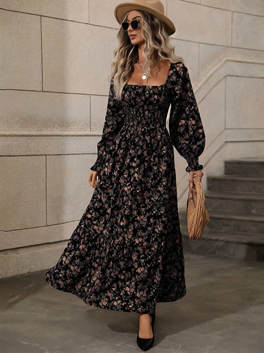 Levoire | Robe Longue À Fleurs Avec Encolure Carrée, Dos Nu, Manches Longues, Femme Bohème Boho, Élégante, Décontractée, Plage Noir