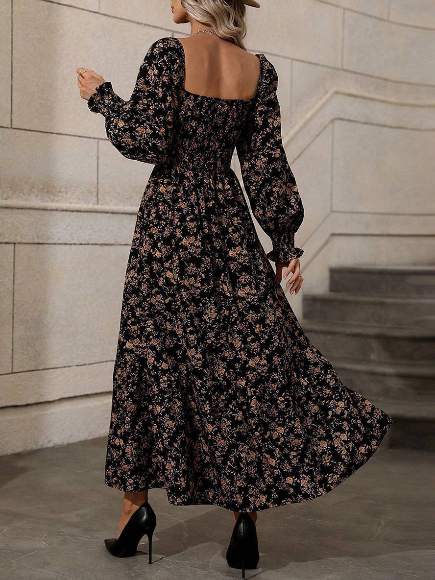 Levoire | Robe Longue À Fleurs Avec Encolure Carrée, Dos Nu, Manches Longues, Femme Bohème Boho, Élégante, Décontractée, Plage