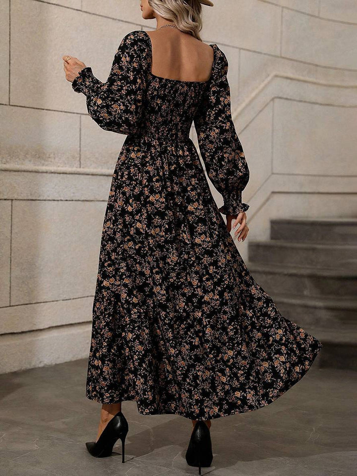 Levoire | Robe Longue À Fleurs Avec Encolure Carrée, Dos Nu, Manches Longues, Femme Bohème Boho, Élégante, Décontractée, Plage
