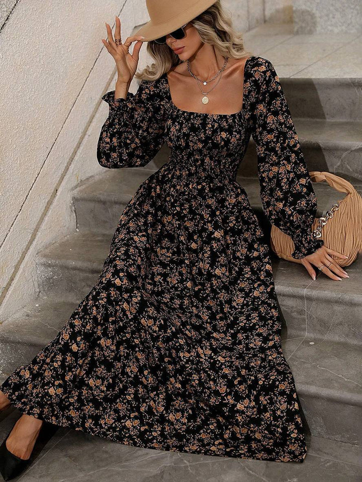 Levoire | Robe Longue À Fleurs Avec Encolure Carrée, Dos Nu, Manches Longues, Femme Bohème Boho, Élégante, Décontractée, Plage