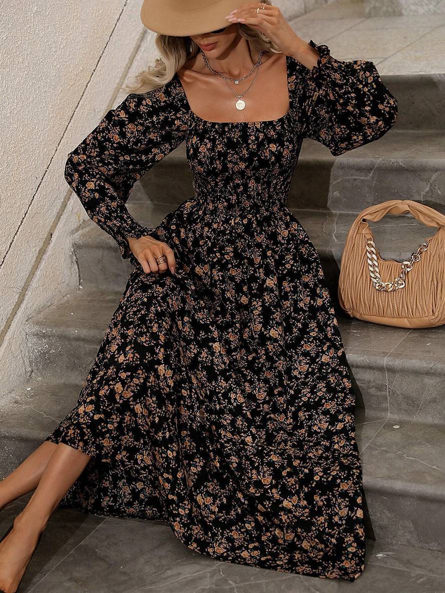 Levoire | Robe Longue À Fleurs Avec Encolure Carrée, Dos Nu, Manches Longues, Femme Bohème Boho, Élégante, Décontractée, Plage