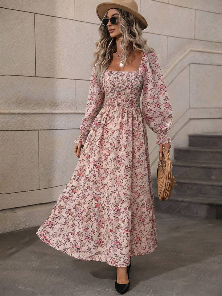 Levoire | Robe Longue À Fleurs Avec Encolure Carrée, Dos Nu, Manches Longues, Femme Bohème Boho, Élégante, Décontractée, Plage Rosa