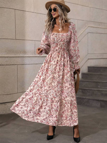 Levoire | Robe Longue À Fleurs Avec Encolure Carrée, Dos Nu, Manches Longues, Femme Bohème Boho, Élégante, Décontractée, Plage