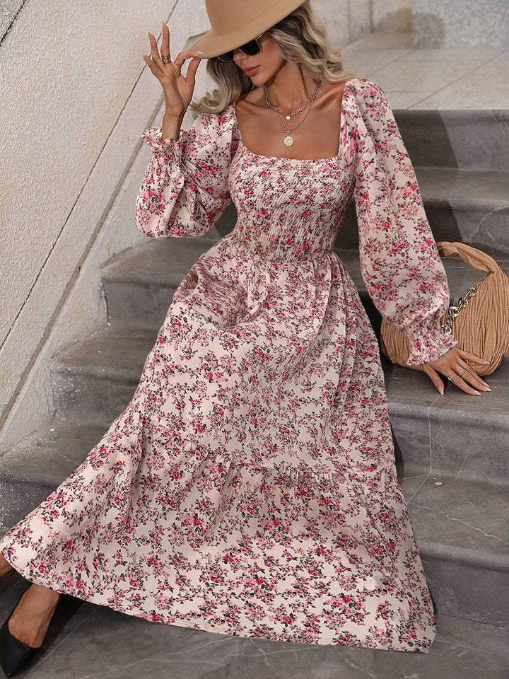 Levoire | Robe Longue À Fleurs Avec Encolure Carrée, Dos Nu, Manches Longues, Femme Bohème Boho, Élégante, Décontractée, Plage