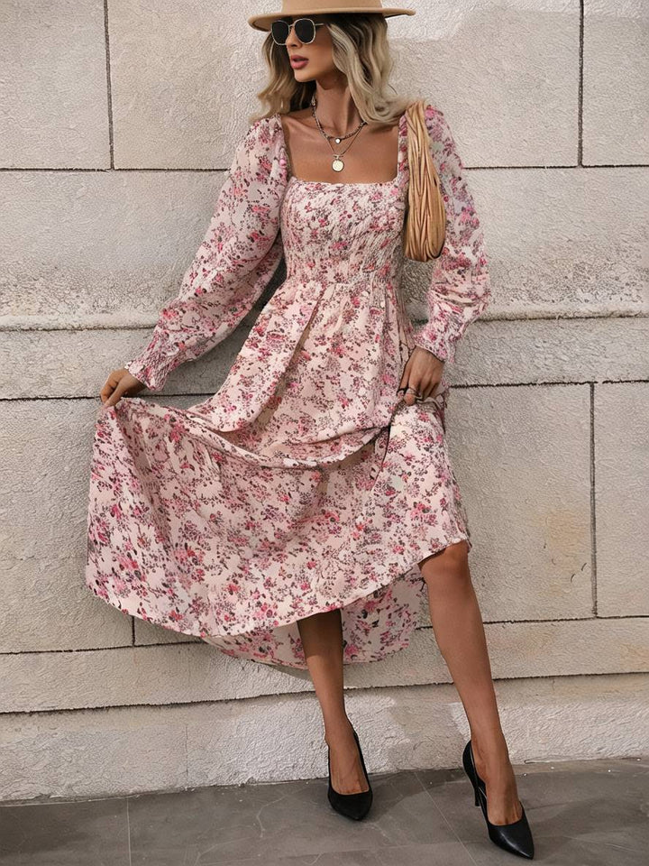 Levoire | Robe Longue À Fleurs Avec Encolure Carrée, Dos Nu, Manches Longues, Femme Bohème Boho, Élégante, Décontractée, Plage