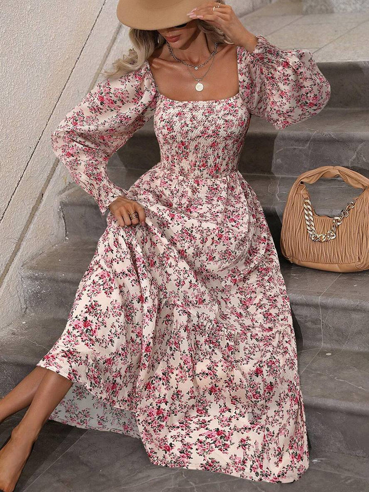 Levoire | Robe Longue À Fleurs Avec Encolure Carrée, Dos Nu, Manches Longues, Femme Bohème Boho, Élégante, Décontractée, Plage