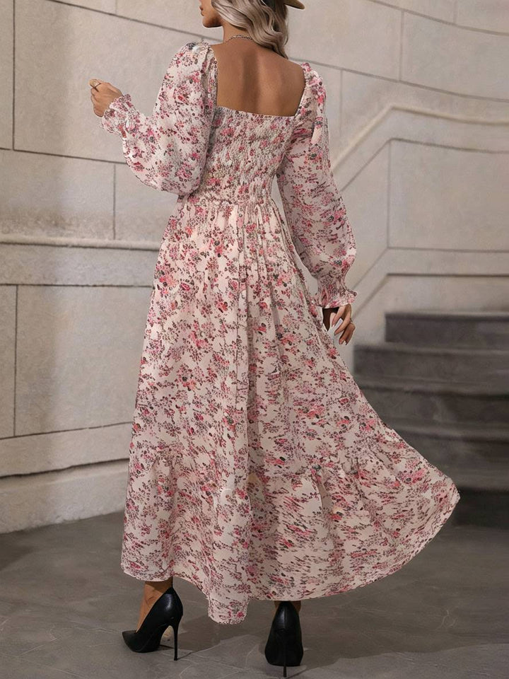Levoire | Robe Longue À Fleurs Avec Encolure Carrée, Dos Nu, Manches Longues, Femme Bohème Boho, Élégante, Décontractée, Plage