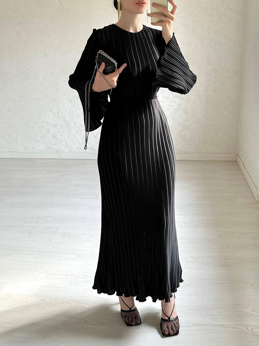 Levoire | Robe Longue Fluide Ceinturée Col Rond À Manches Trompettes Élégante Soirée De Bal Noir