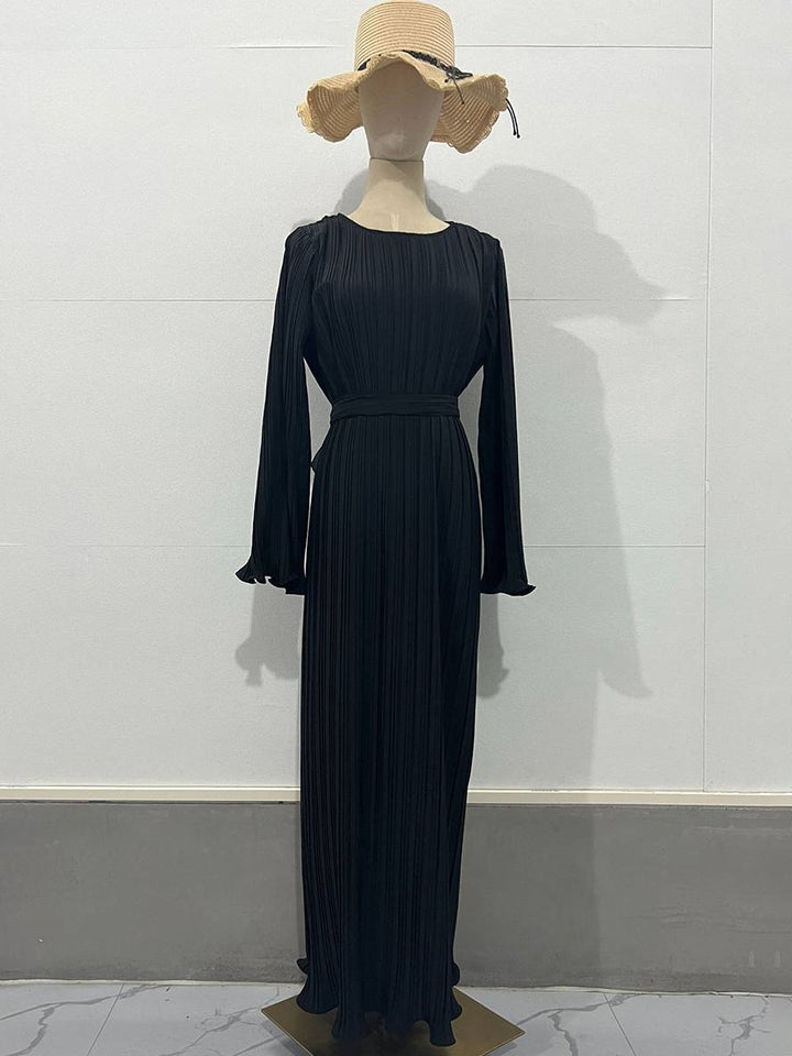 Levoire | Robe Longue Fluide Ceinturée Col Rond À Manches Trompettes Élégante Soirée De Bal