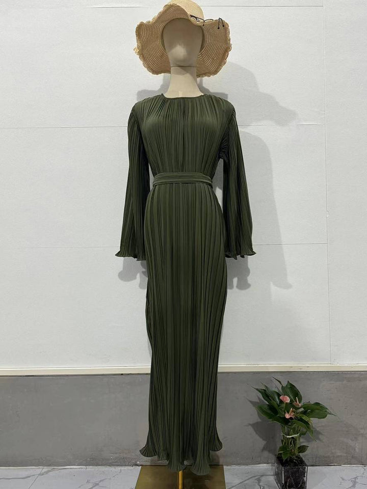 Levoire | Robe Longue Fluide Ceinturée Col Rond À Manches Trompettes Élégante Soirée De Bal