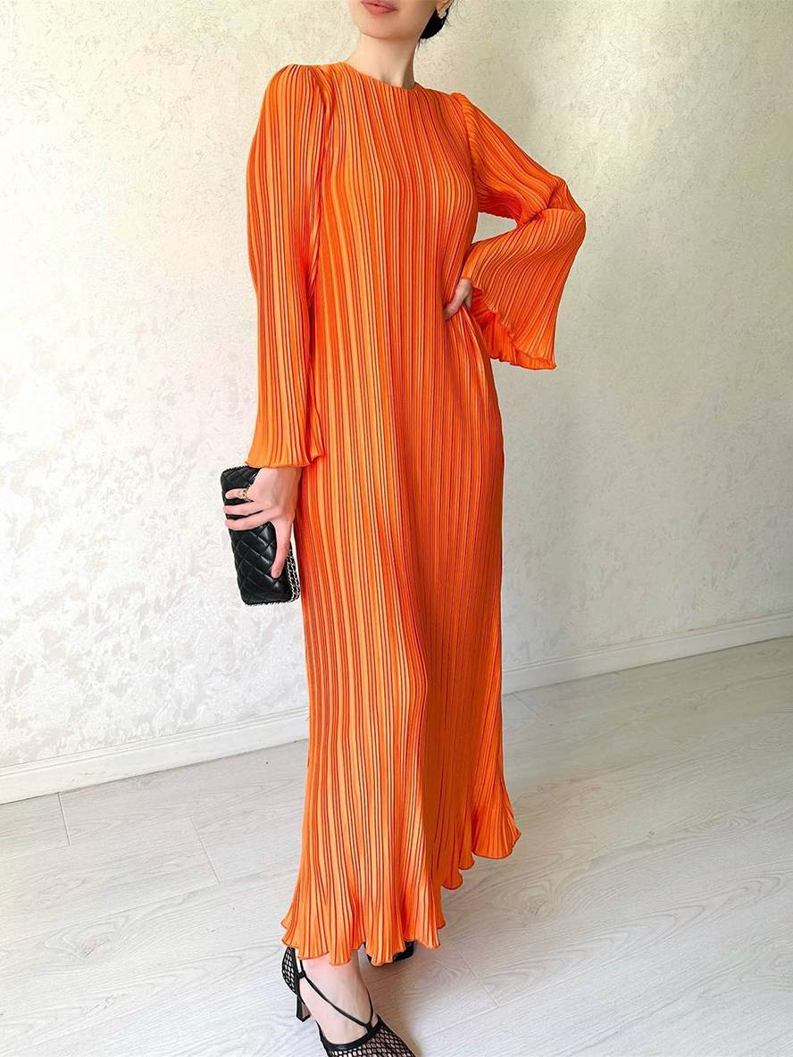 Levoire | Robe Longue Fluide Ceinturée Col Rond À Manches Trompettes Élégante Soirée De Bal Nacarat