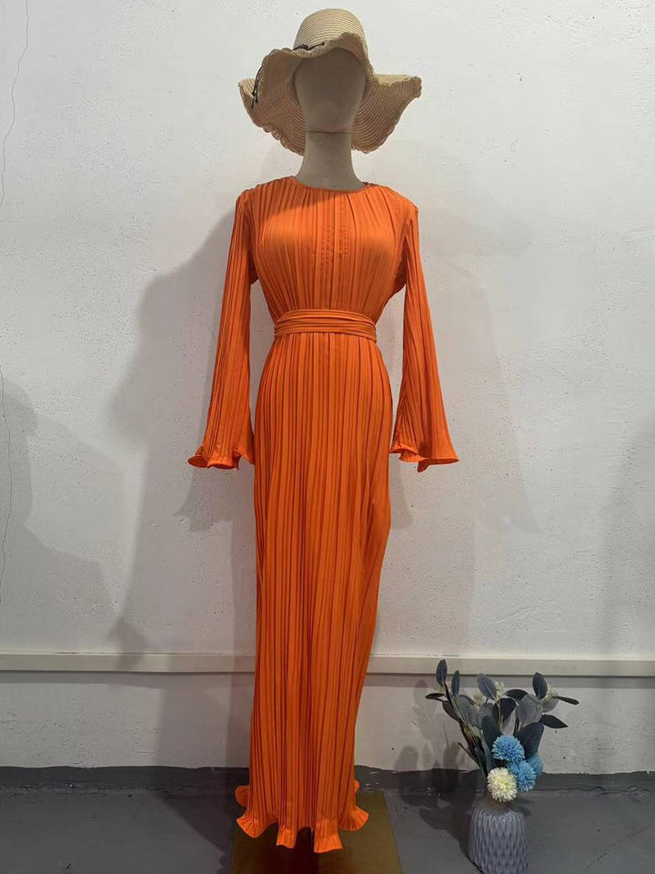 Levoire | Robe Longue Fluide Ceinturée Col Rond À Manches Trompettes Élégante Soirée De Bal
