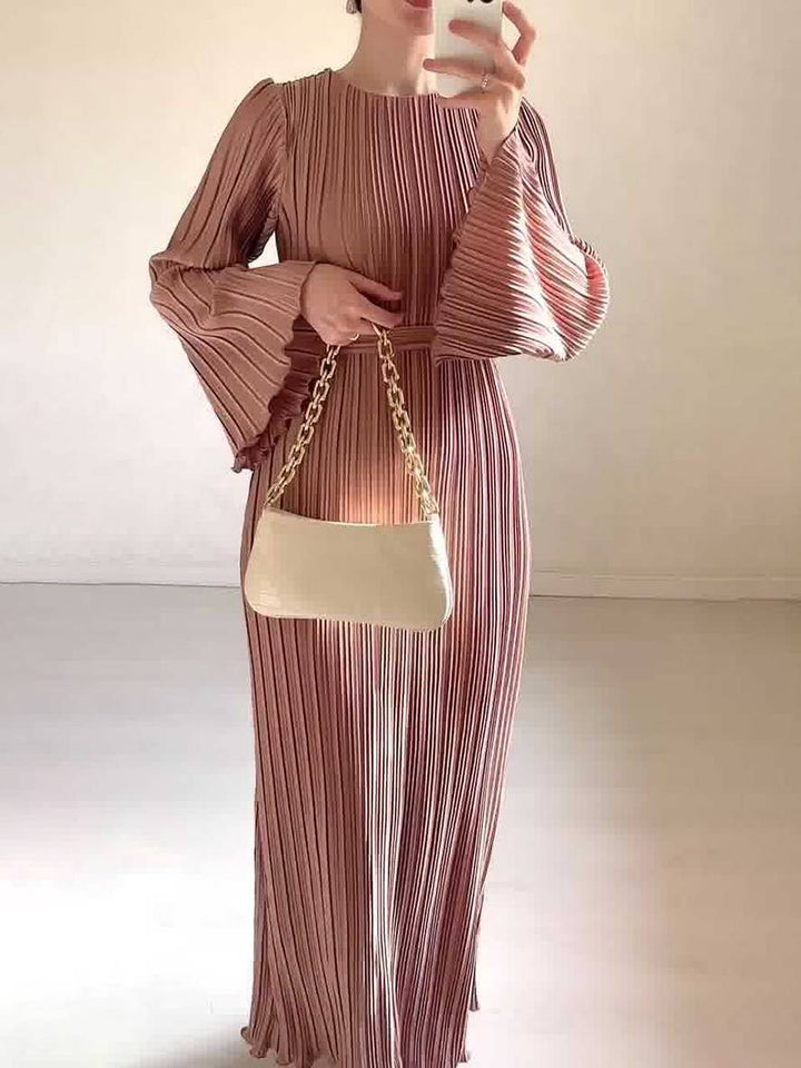 Levoire | Robe Longue Fluide Ceinturée Col Rond À Manches Trompettes Élégante Soirée De Bal