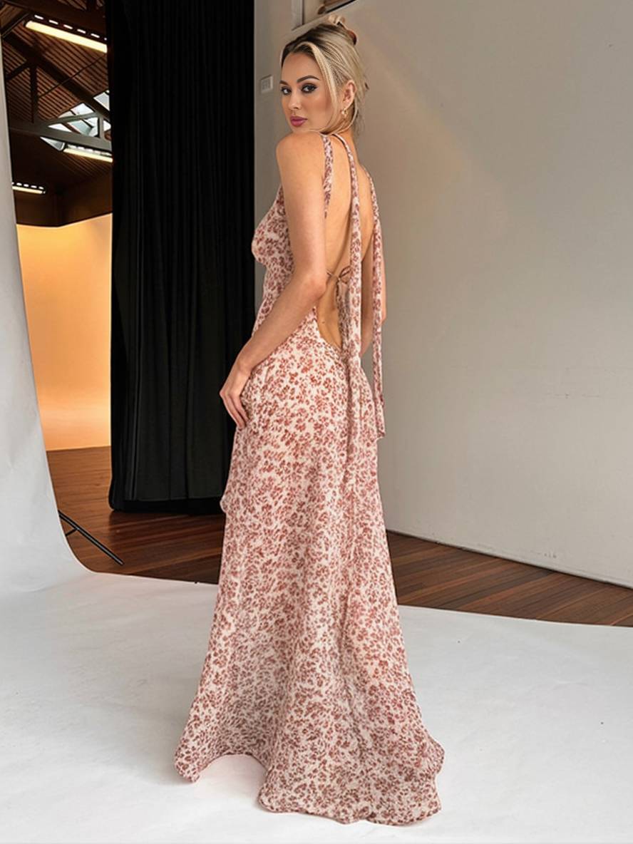 Levoir | Long Robe Bohémienne Irrégulière Motif Floral Fente Sur Le Côté Dos Nu Avec Fins Bretelles Sans Manches Décontractée Plage Femme Rosa