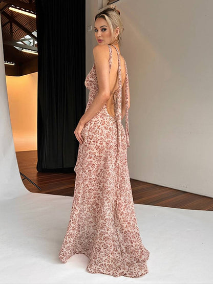 Levoir | Long Robe Bohémienne Irrégulière Motif Floral Fente Sur Le Côté Dos Nu Avec Fins Bretelles Sans Manches Décontractée Plage Femme Rosa