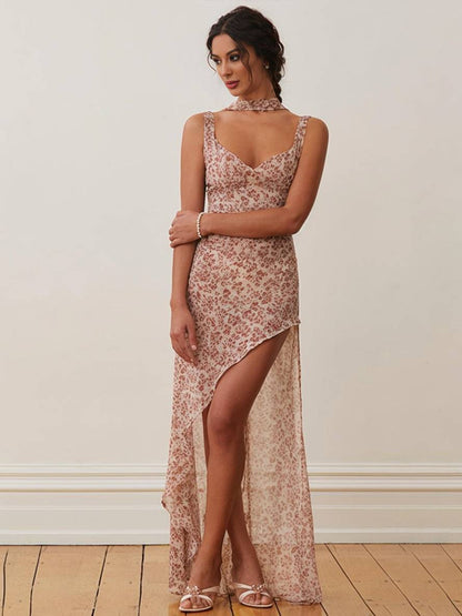 Levoir | Long Robe Bohémienne Irrégulière Motif Floral Fente Sur Le Côté Dos Nu Avec Fins Bretelles Sans Manches Décontractée Plage Femme