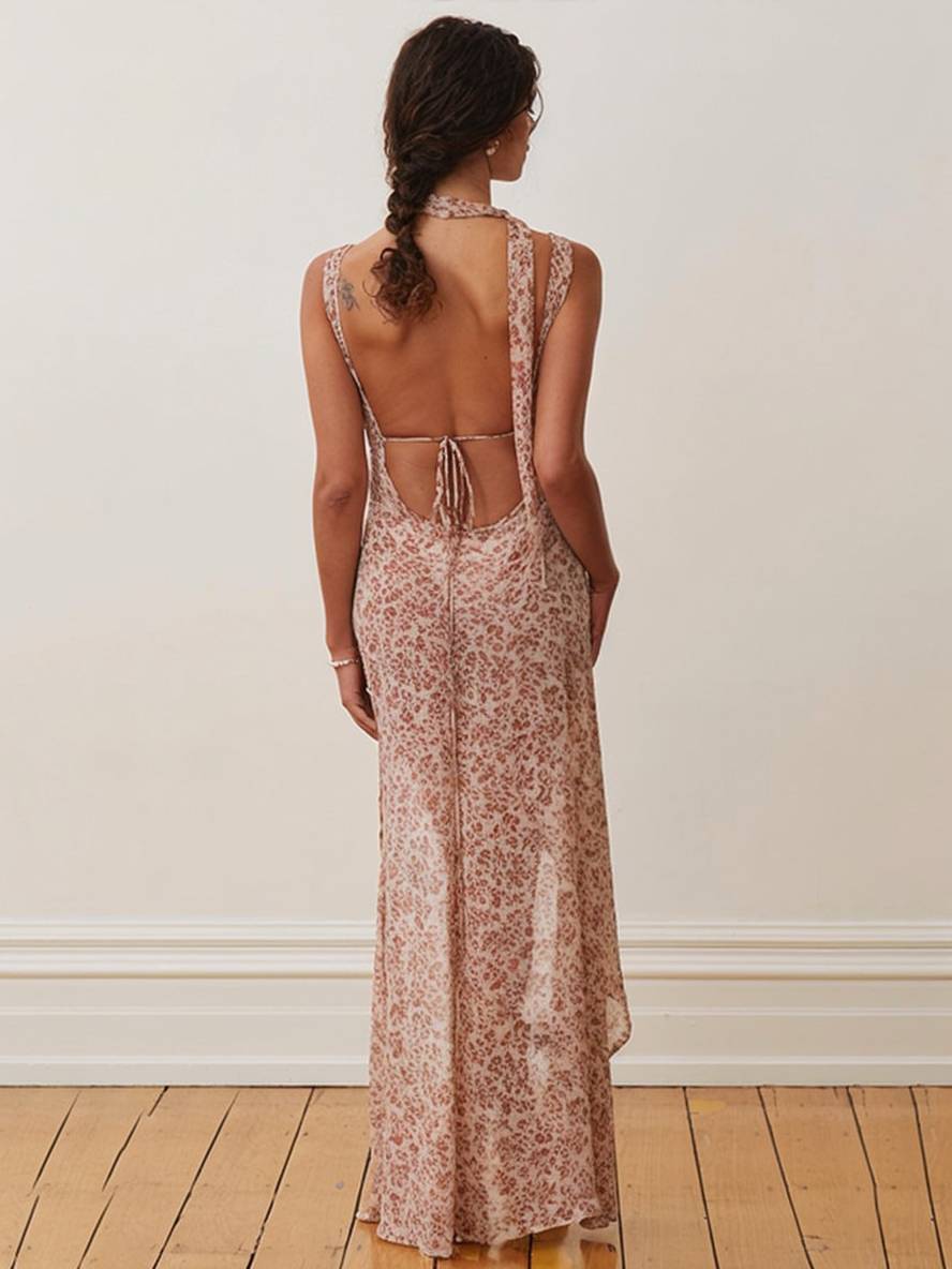 Levoir | Long Robe Bohémienne Irrégulière Motif Floral Fente Sur Le Côté Dos Nu Avec Fins Bretelles Sans Manches Décontractée Plage Femme